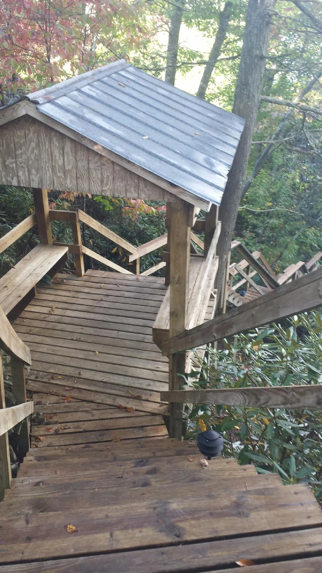 Metal roofed shelter over wooden steps on a wooded walkway — Skylight Repair & Installation work by our crew in Sloughhouse